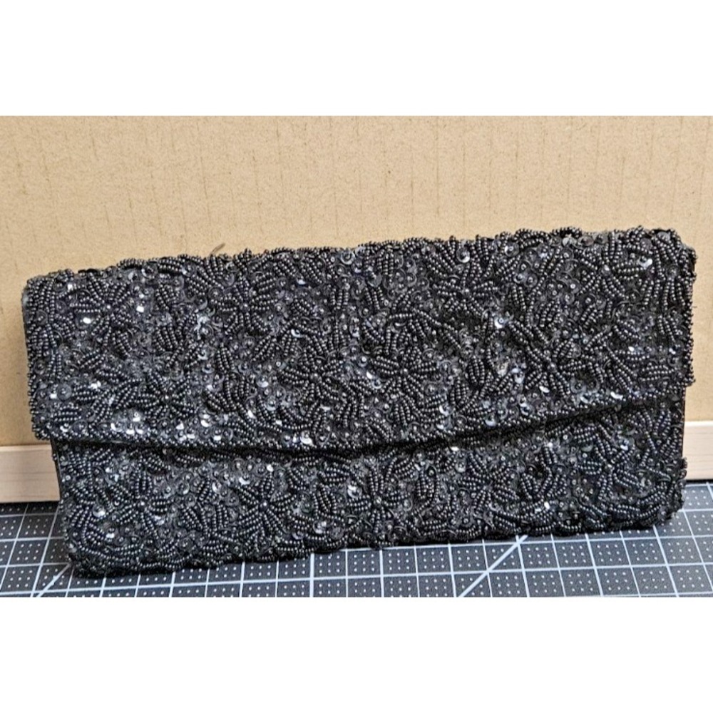 Vintage Emson Products Handmade Black Beaded Clutch Made in Hong Kong